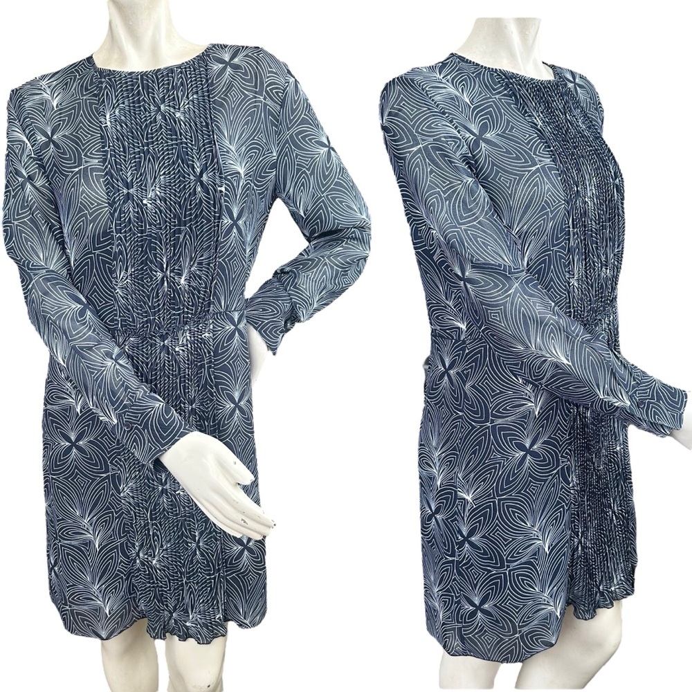 See By Chloé Navy Blue & White Printed Long Sleeve Modest Dress Size FR 40 US L